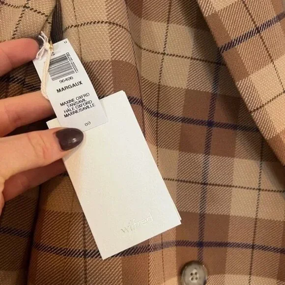 New Aritzia Wilfred Margaux Tan Brown Check Plaid Oxford Double Breasted Blazer - Picture 2 of 6